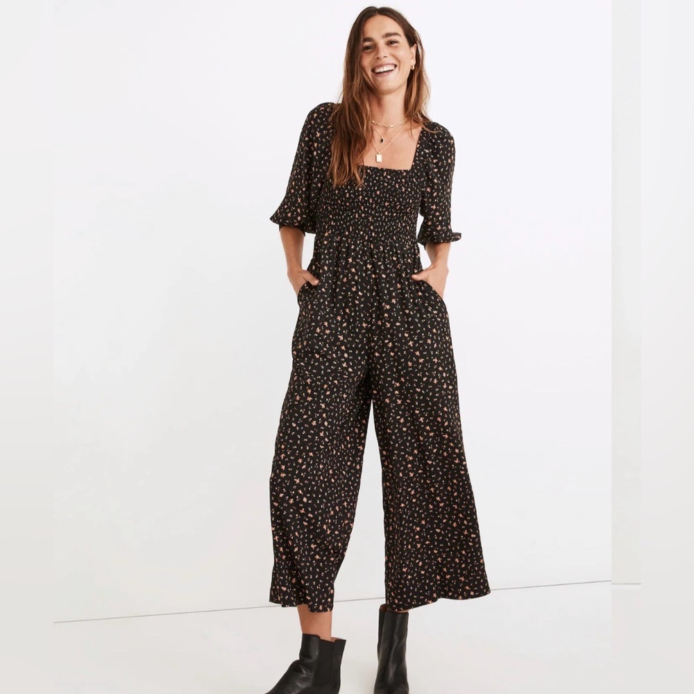 Madewell Lucie Elbow-Sleeve Smocked Wide-Leg Jumpsuit in Stem Scatter Size 10